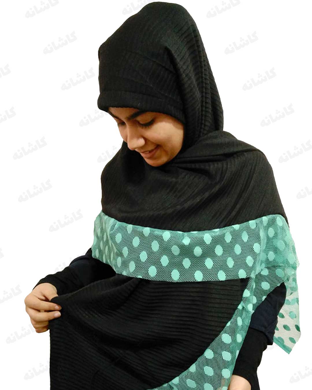فروشگاه شال و روسری کاشانه | روسری پلیسه دور سبزآبی