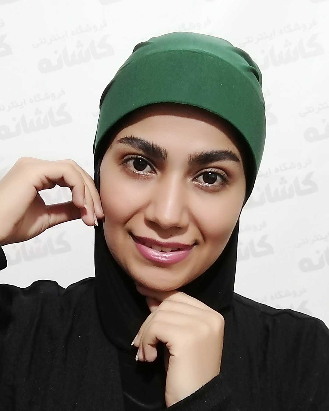 فروشگاه شال و روسری کاشانه | کلاه طلقی حجاب سبز یشمی