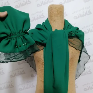 ست ساق و روسری کرپ حریر مرواریدی سبز