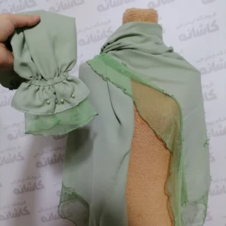 ست ساق و روسری کرپ حریر مرواریدی سبز دریایی